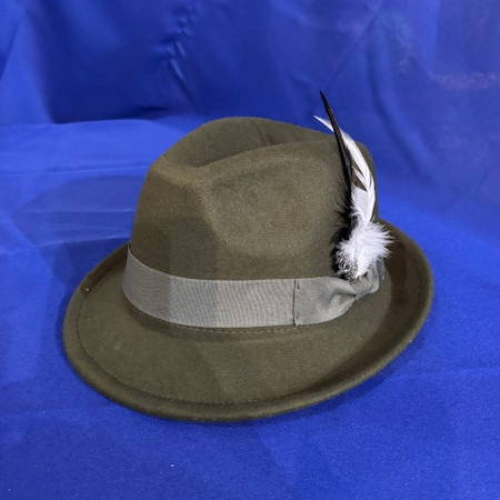 Brown Trillby hat with white feather